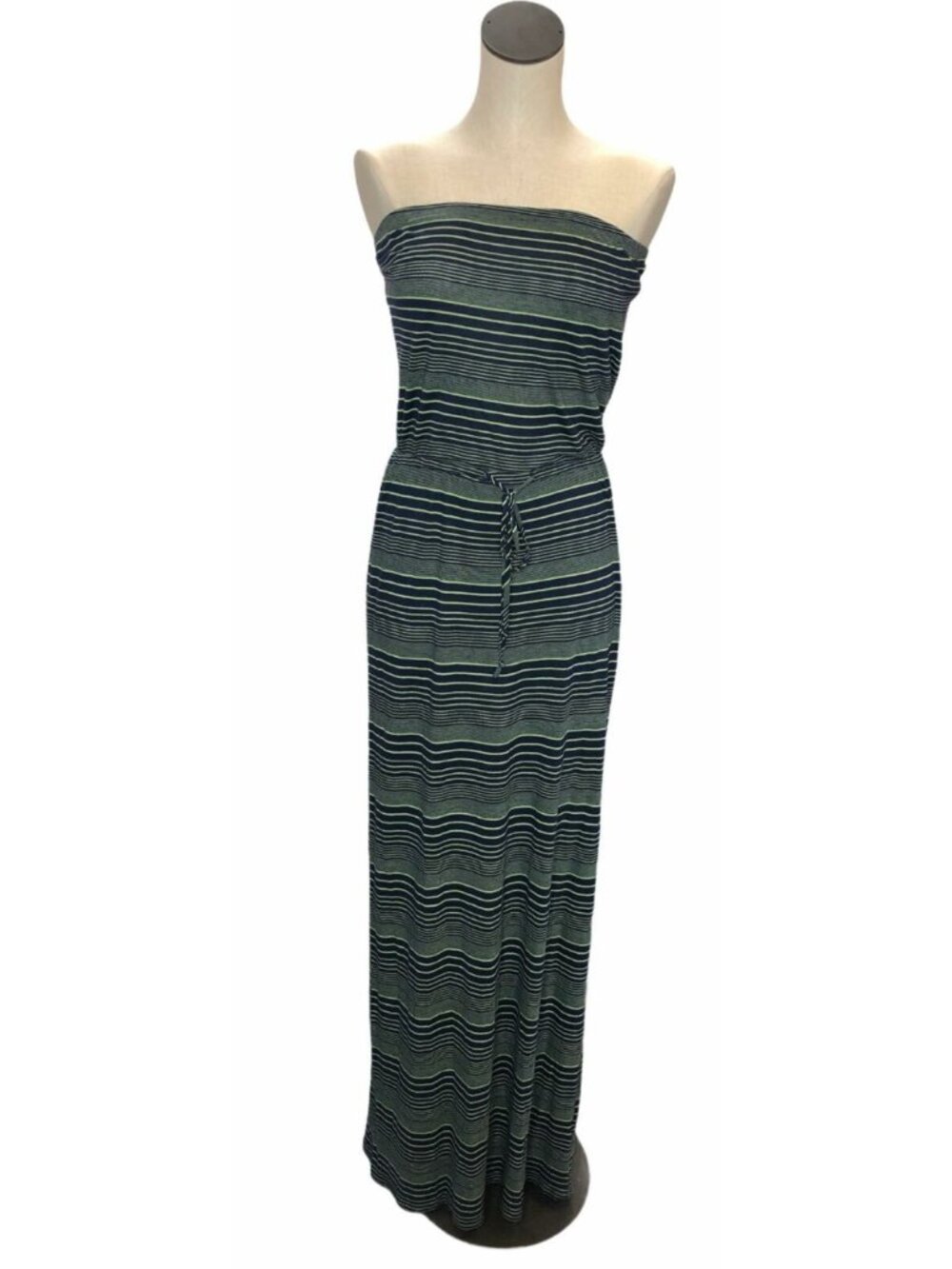 En Creme Strapless Maxi Dress Medium Blue Green Stripes Drawstring Sundress